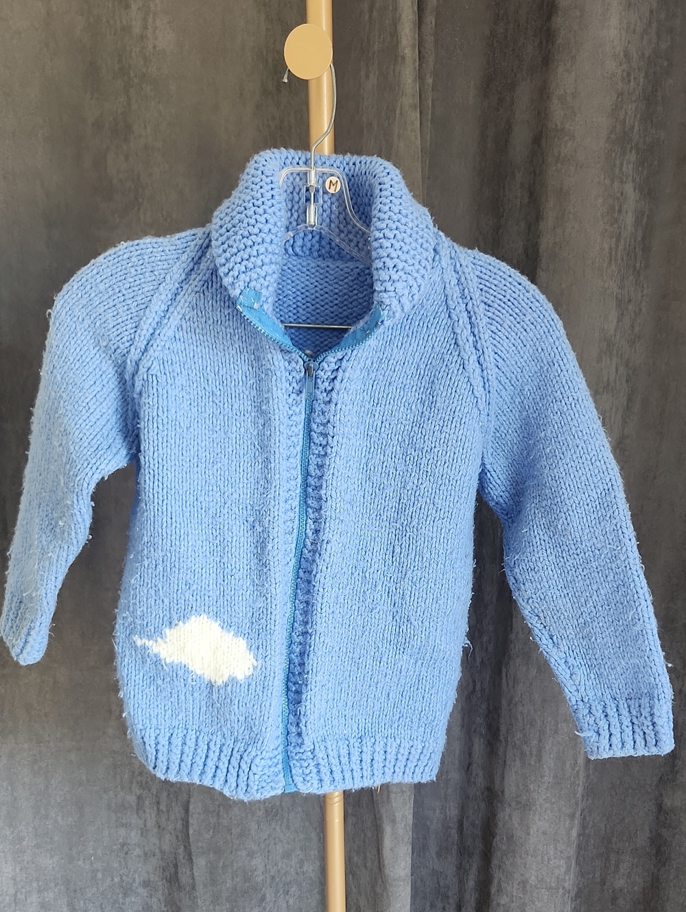 Homemade Blue Kids Zip-Front Knit Sweater with Cloud & Rainbow Detail